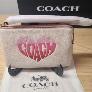 NWT Coach Cream and Pink Heart Wristlet